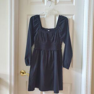 BP NWOT Black 50% Linen Babydoll Smocked Long Sleeve Dress size Small Feminine